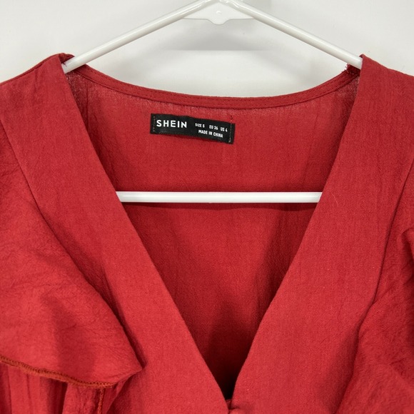 SHEIN Romper Womens Size Small US4 Red Orange V Neck Button Down Ruffle - Picture 2 of 8